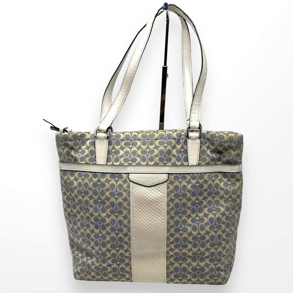 COACH Blue White Leather Monogram Signature Stripe Tote